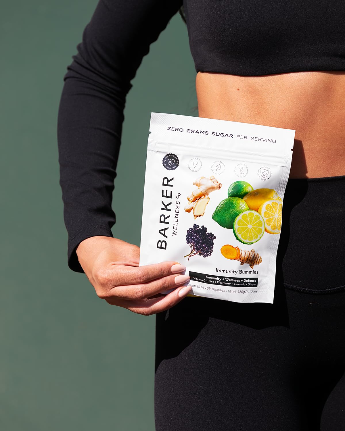 Icons of elderberry turmeric ginger beside Barker Wellness Immunity Gummies