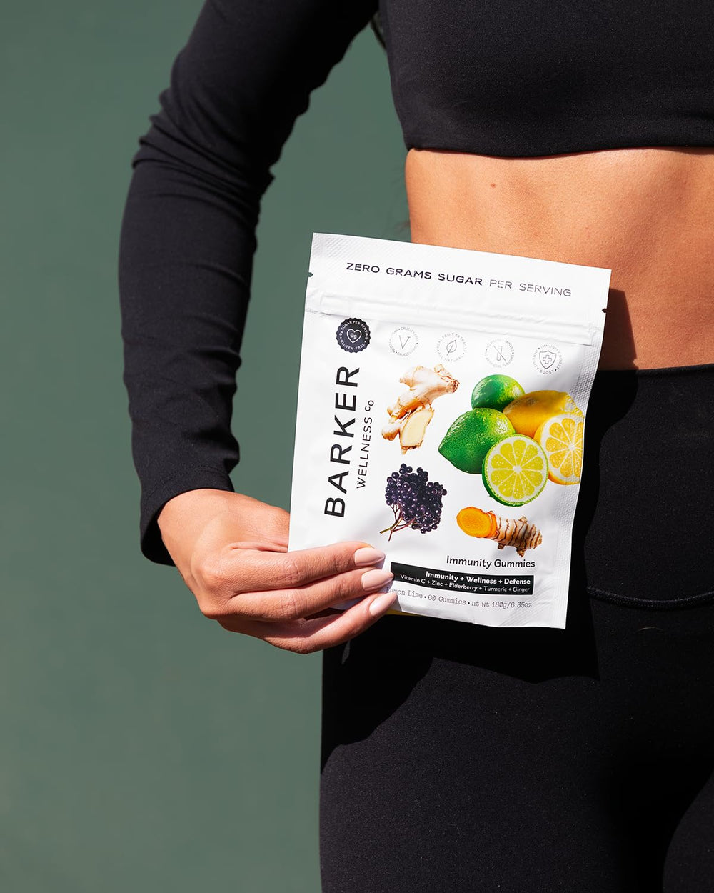 Icons of elderberry turmeric ginger beside Barker Wellness Immunity Gummies