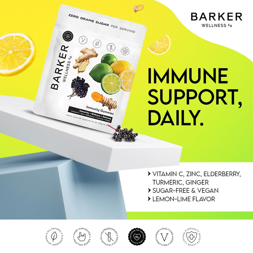 Vegan sugar-free Barker Wellness Immunity Gummies label highlights natural ingredients