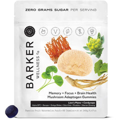 Barker Wellness mushroom adaptogen gummies bottle supports daily focus and mental clarity.