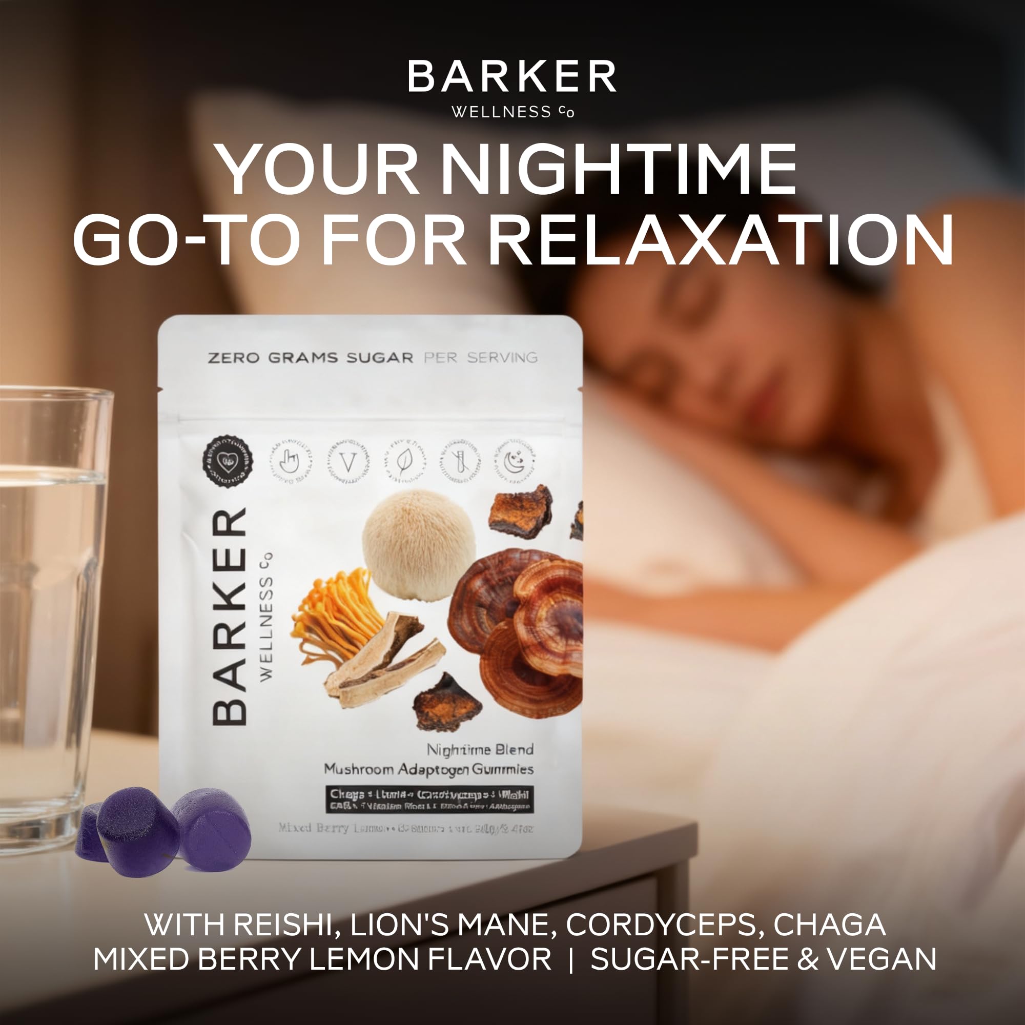 Barker Wellness Nighttime Gummies ingredients icon highlights vegan, non-GMO formula