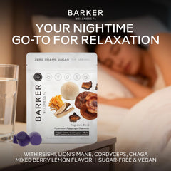 Barker Wellness Nighttime Gummies ingredients icon highlights vegan, non-GMO formula