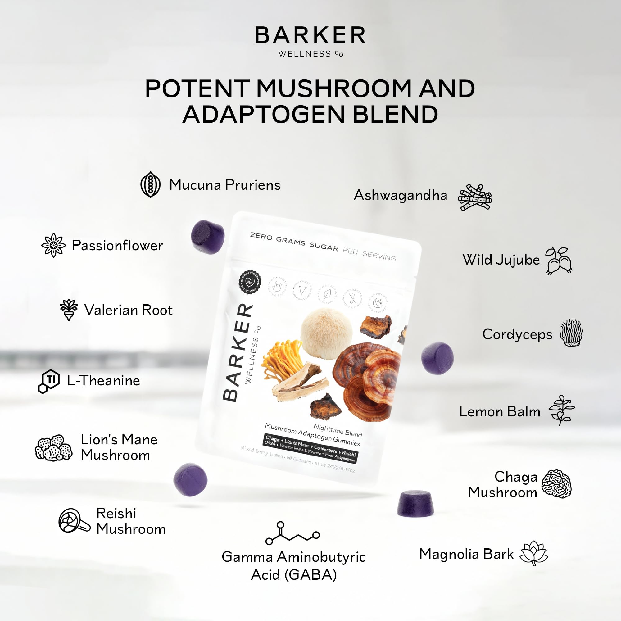 Barker Wellness Nighttime Gummies vegan non-GMO label communicates clean sleep support