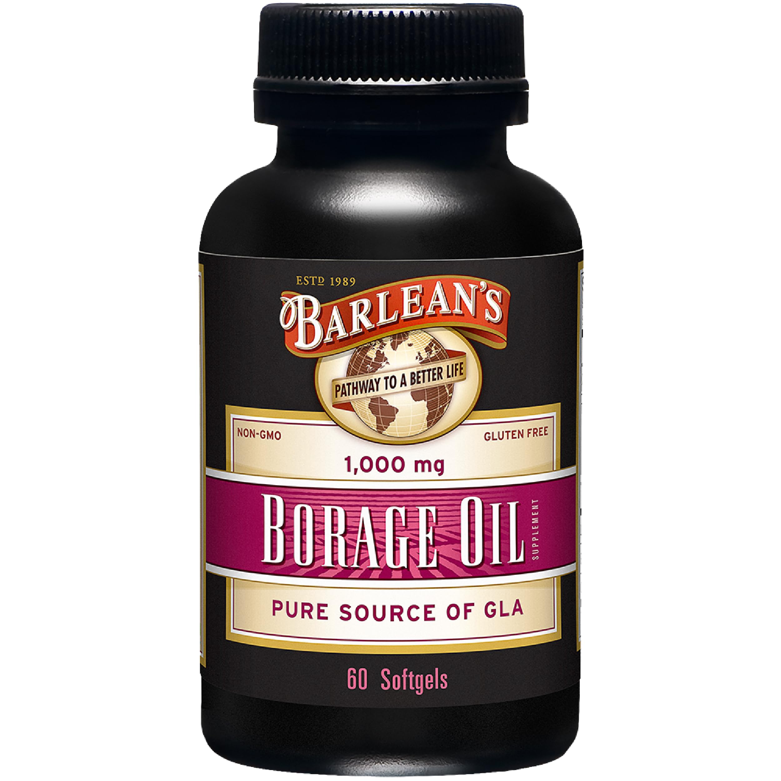 Barlean's Borage Oil bottle front view, highlighting softgels for daily skin health support