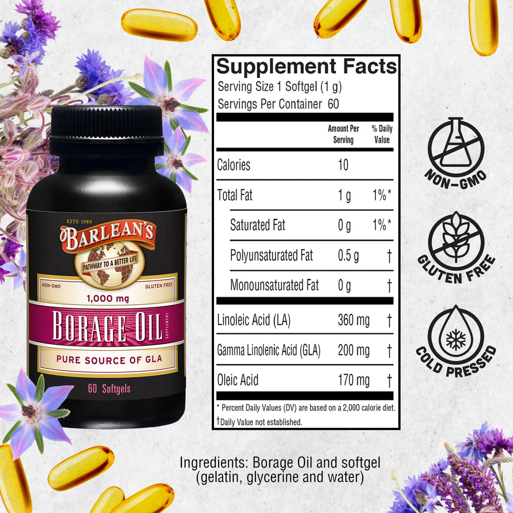 Barlean's Borage Oil seeds close-up, emphasizing cold-pressed, pure source ingredients