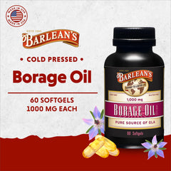 Close-up of Barlean's Borage Oil softgels showing convenient 1000 mg capsules for daily use
