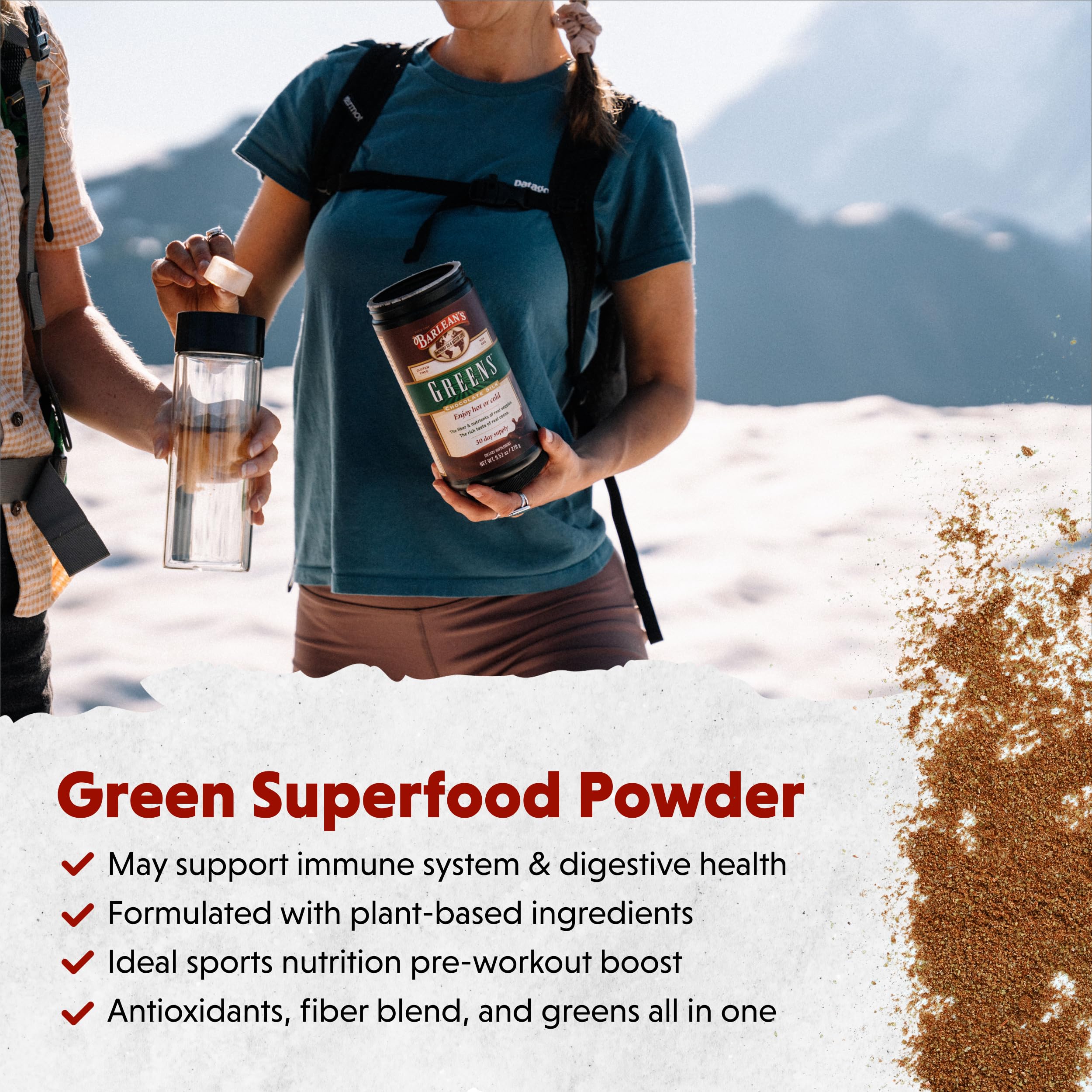 Barlean's Chocolate Greens in a glass with a stirring spoon for smooth texture.