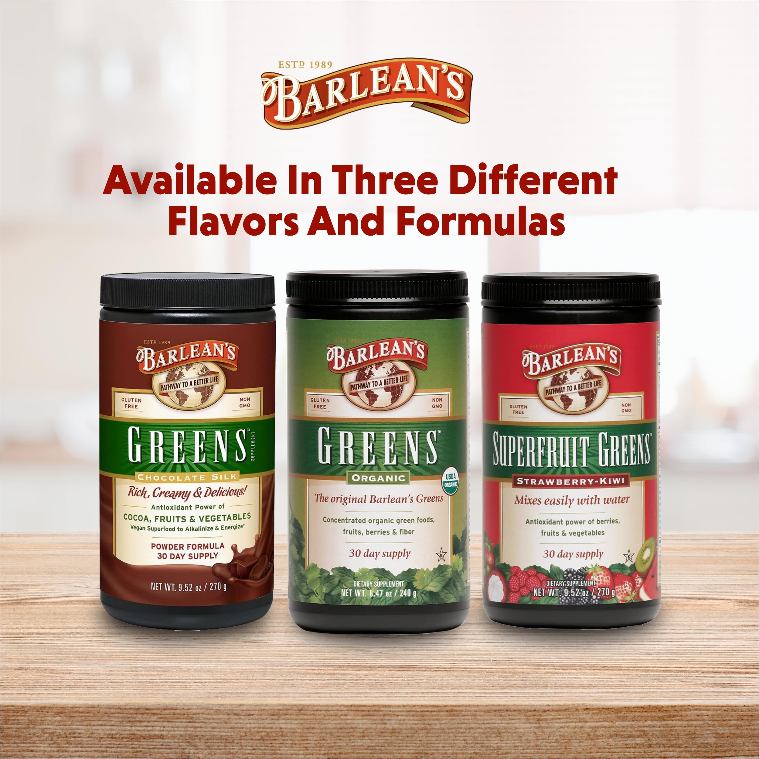 Barlean's Chocolate Greens ingredients array featuring spirulina and flax.