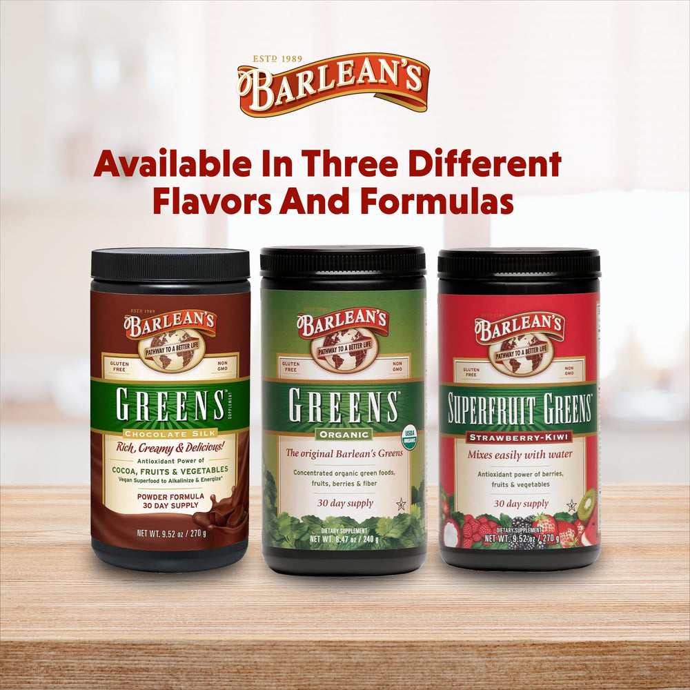 Barlean's Chocolate Greens ingredients array featuring spirulina and flax.