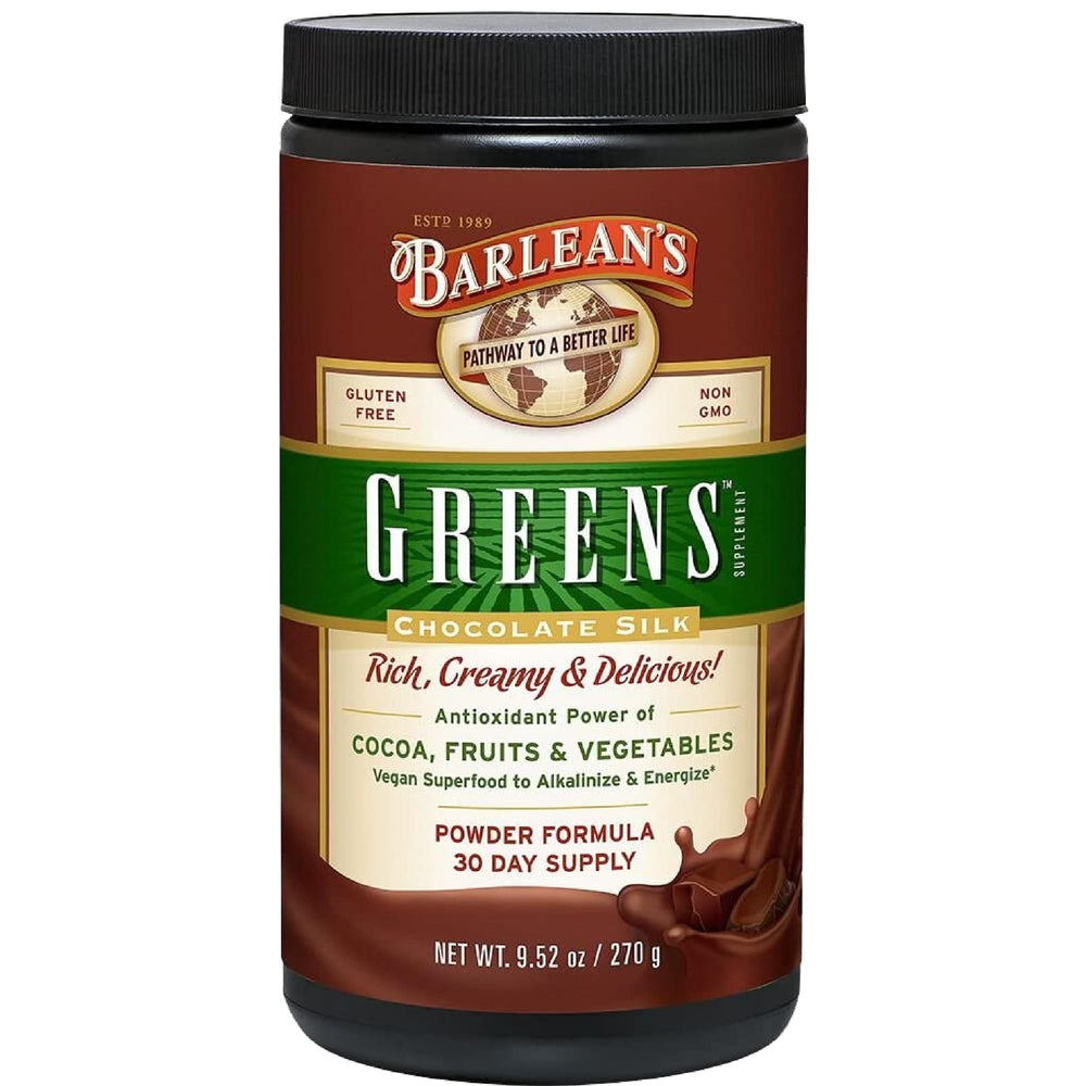 Barlean's Chocolate Greens powder in a jar ready for a daily greens boost.
