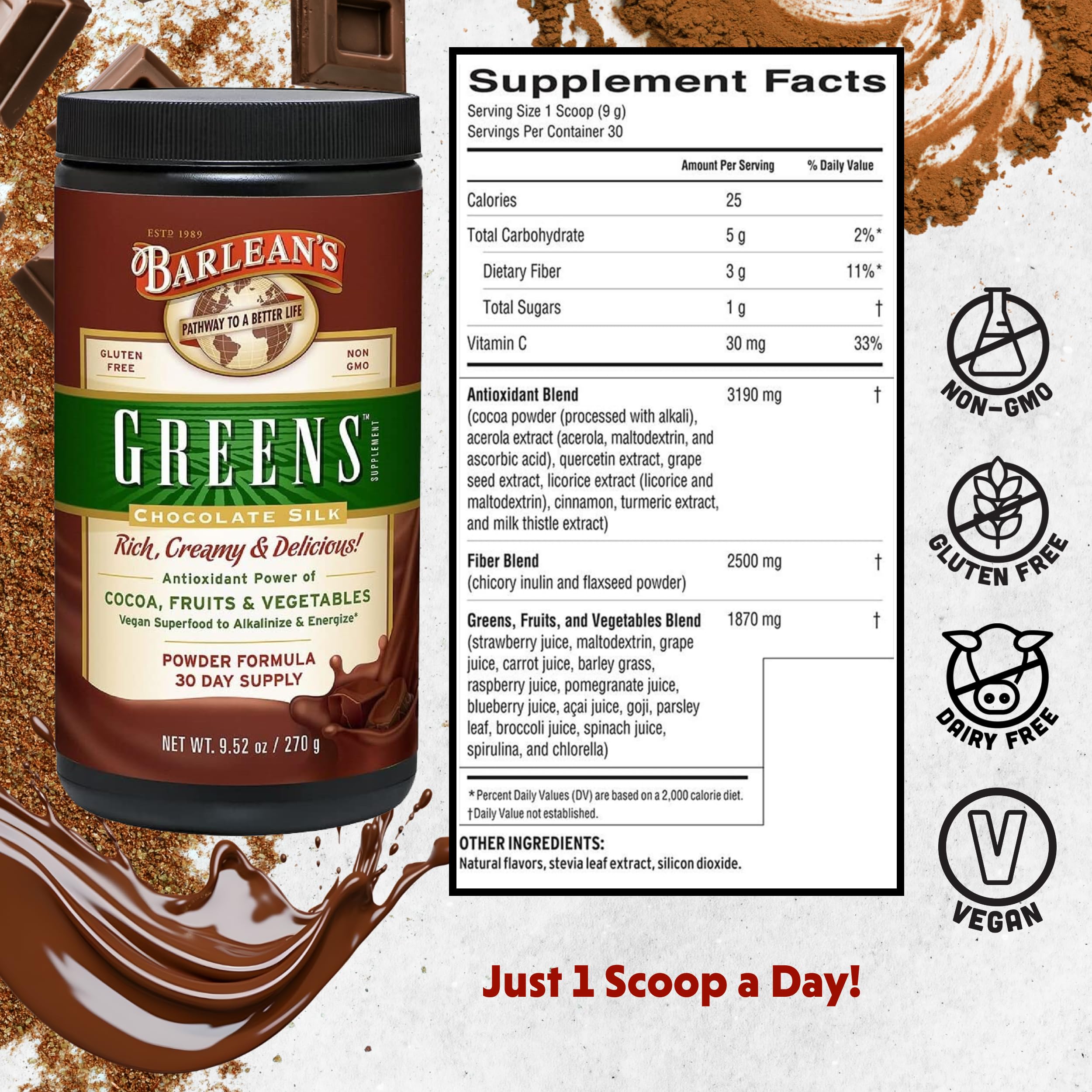 Barlean's Chocolate Greens scoop on the counter before mixing into beverages.