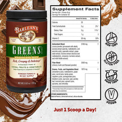 Barlean's Chocolate Greens scoop on the counter before mixing into beverages.