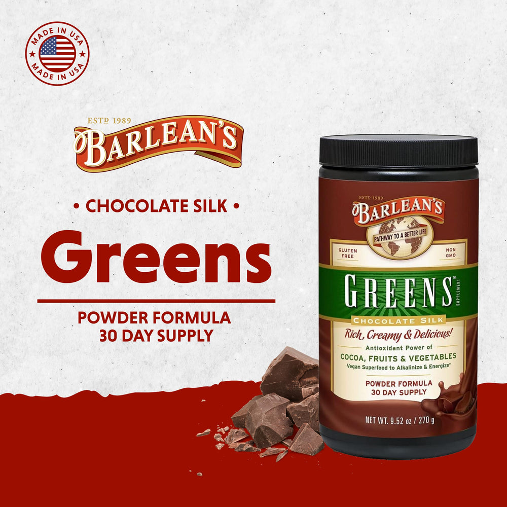 Barlean's Chocolate Greens smoothie showing a rich, chocolatey green drink.