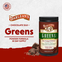 Barlean's Chocolate Greens smoothie showing a rich, chocolatey green drink.