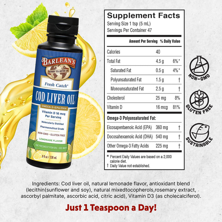 Barlean's Cod Liver Oil pour with spoon for easy daily use.