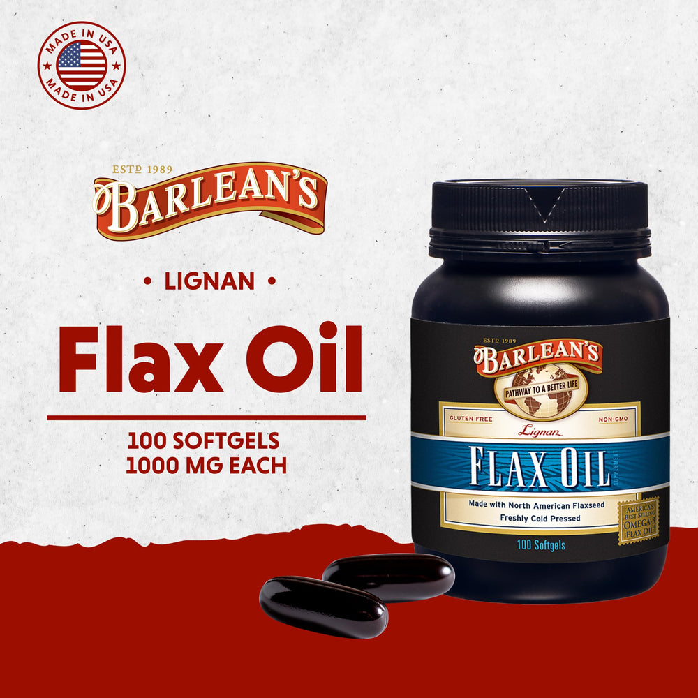 Barlean's cold-pressed flaxseed oil amber bottle preserves nutrients and freshness.