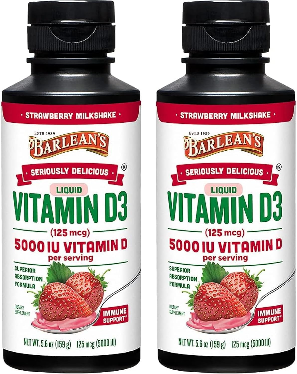 Barlean's D3 liquid bottle pouring, easy daily dosing for families