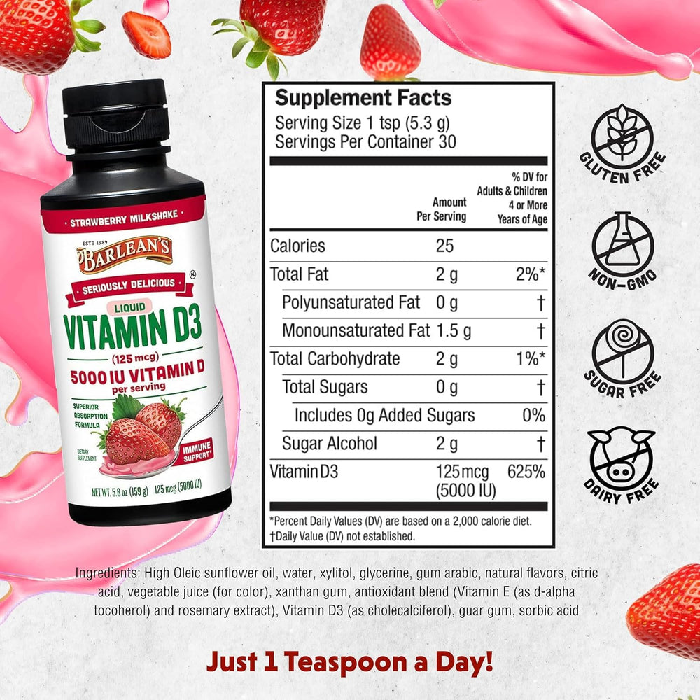 Barlean's D3 liquid on a spoon, kid-friendly dosing option