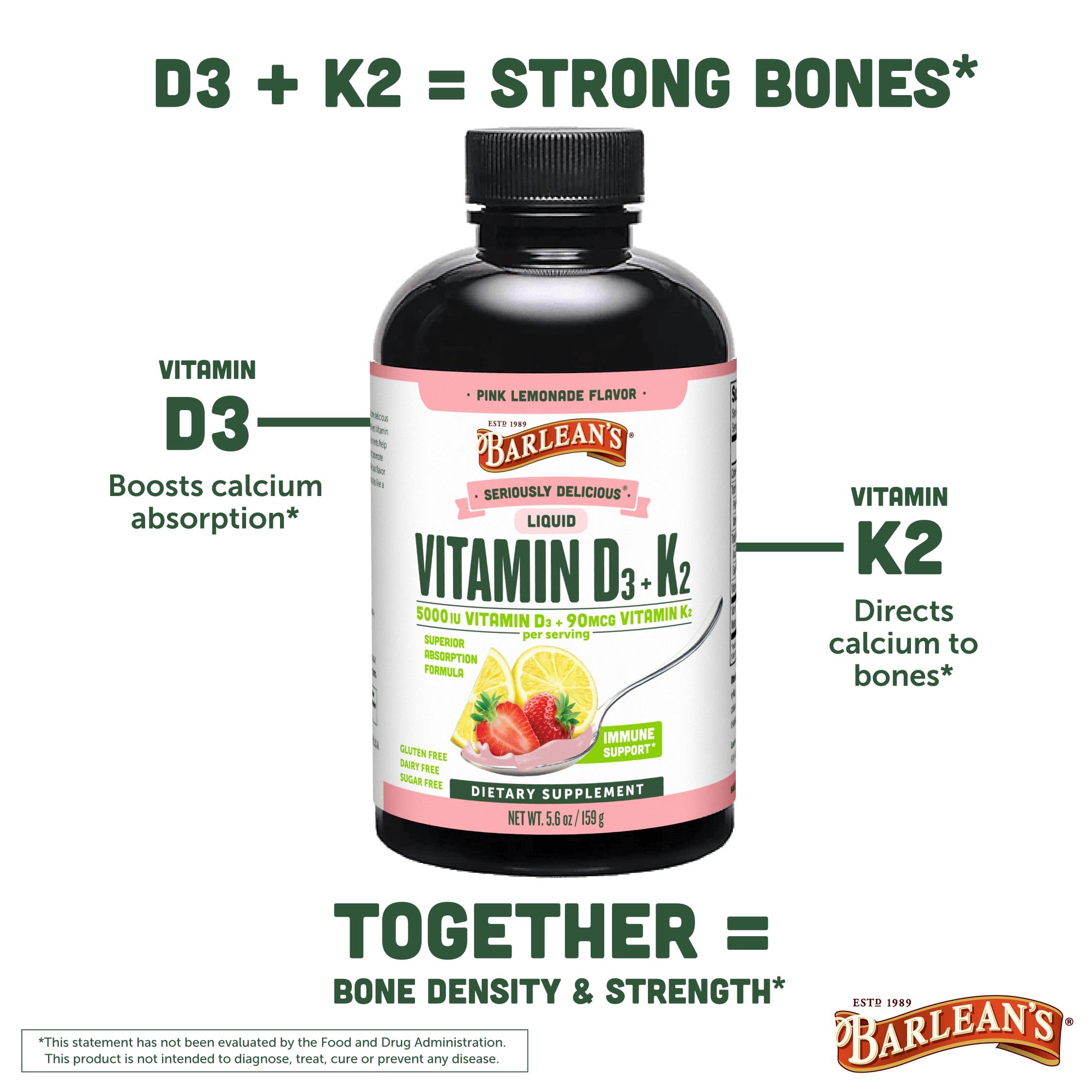 Measuring teaspoon of Barlean's D3+K2 Pink Lemonade for kid-friendly supplementation
