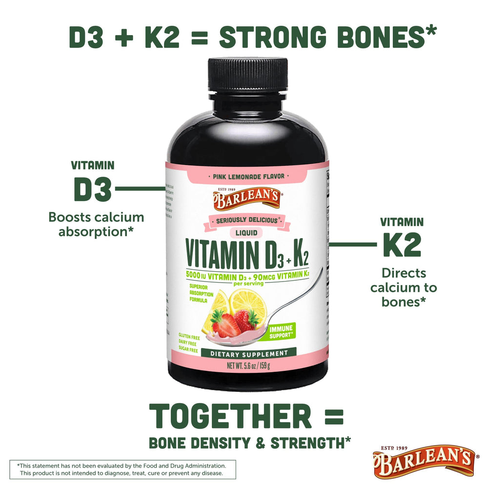 Measuring teaspoon of Barlean's D3+K2 Pink Lemonade for kid-friendly supplementation