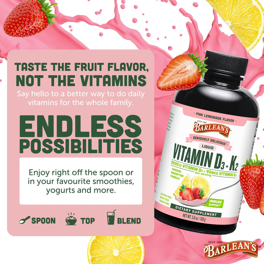 Family-friendly Barlean's D3+K2 Pink Lemonade supports everyday routines