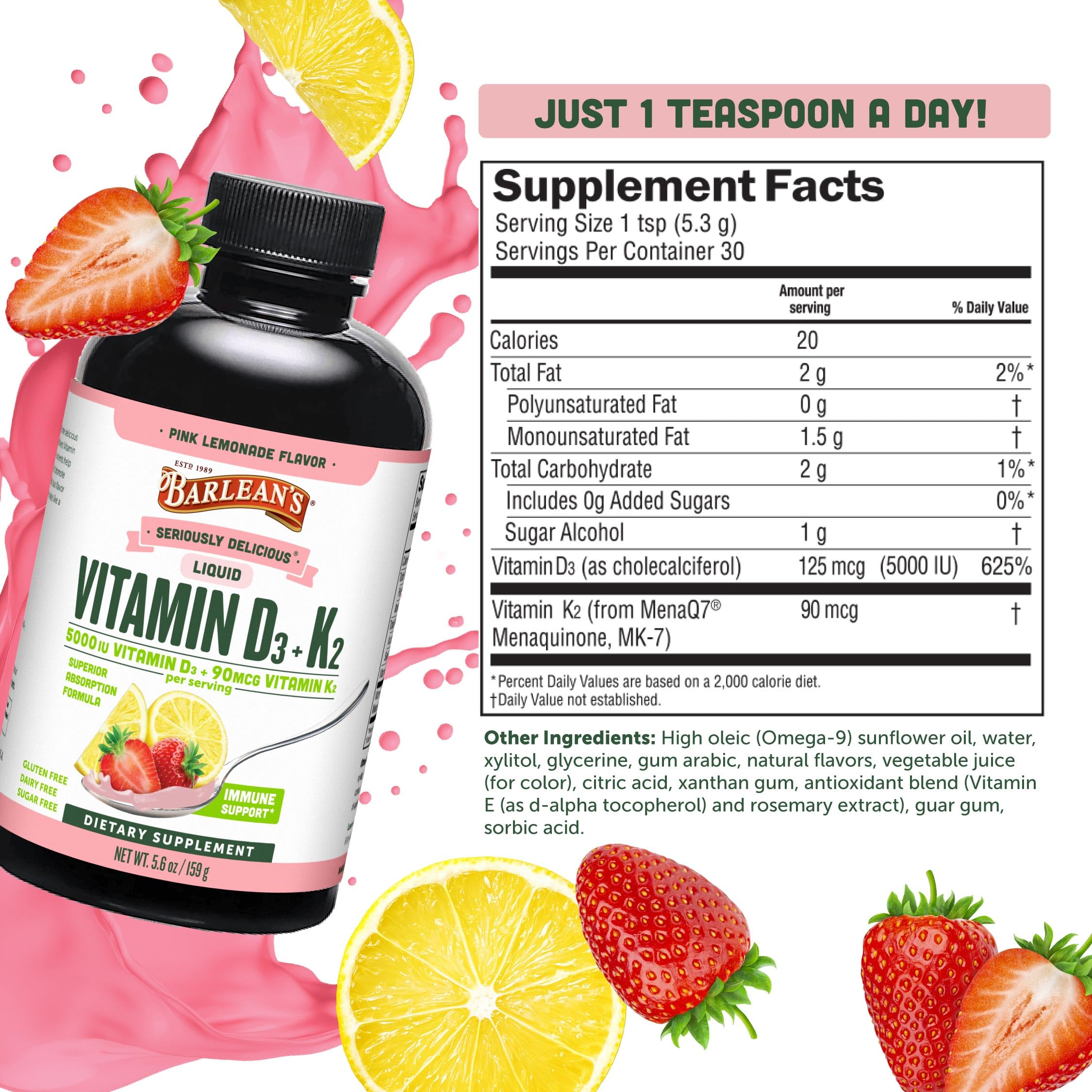 Pouring Barlean's D3+K2 Pink Lemonade into yogurt or smoothie