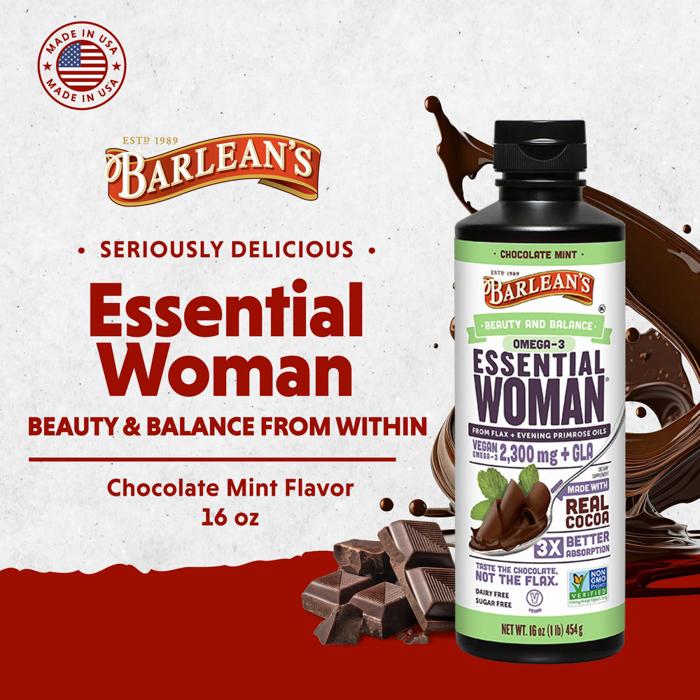 Closeup of Barlean's Essential Woman bottle label for vegan, non-GMO formula