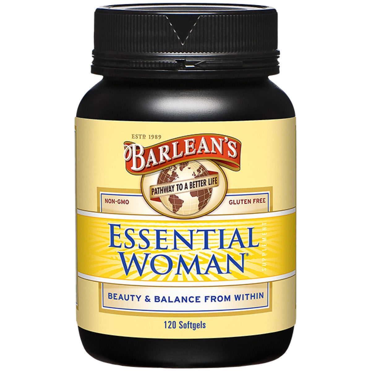 Barlean's Essential Woman bottle highlighting hormone-support formula for women