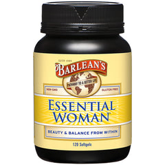 Barlean's Essential Woman bottle highlighting hormone-support formula for women