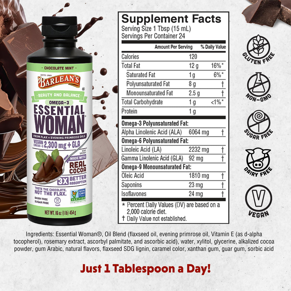Pouring Barlean's Essential Woman chocolate mint liquid into a glass