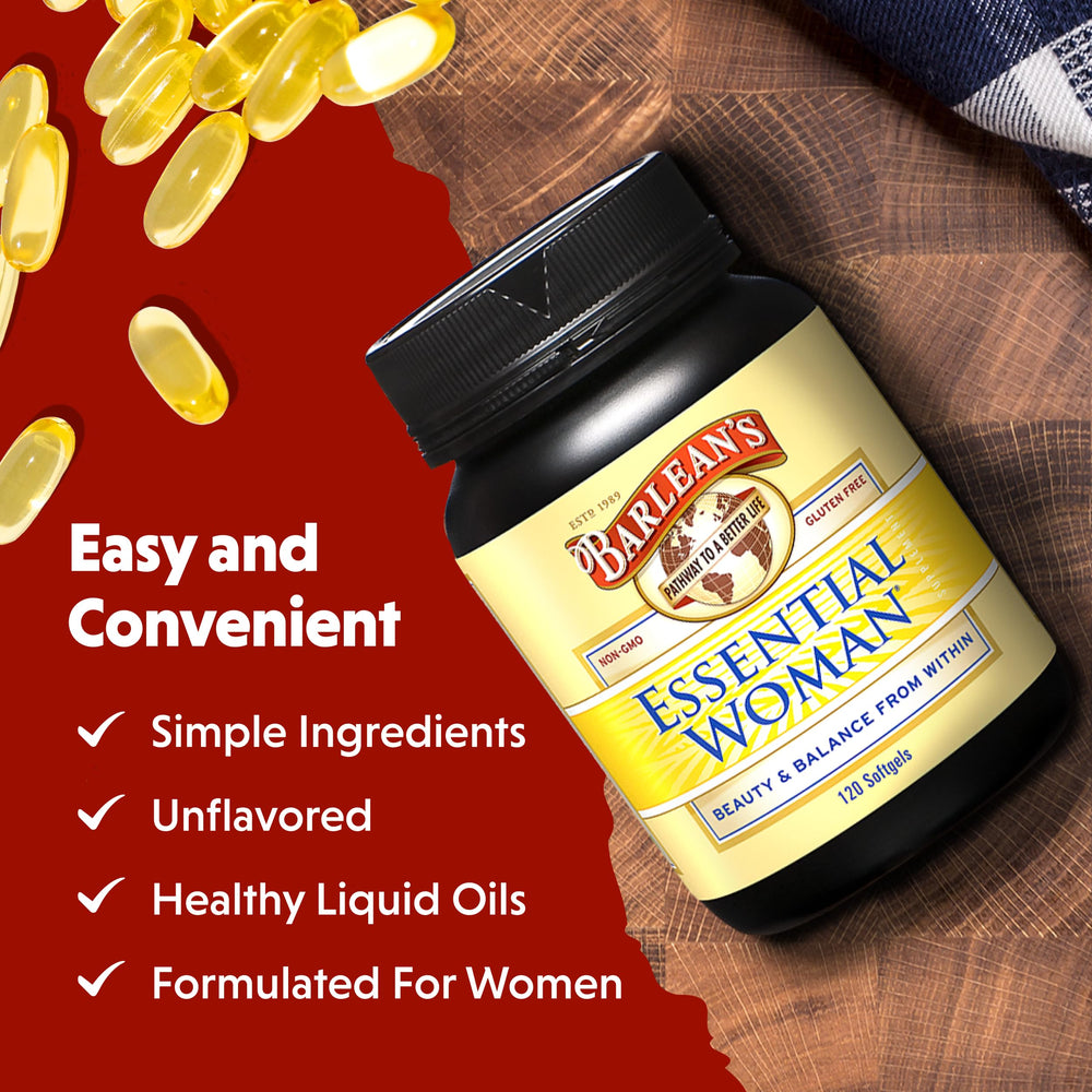 Barlean's Essential Woman blend promoting hair and skin health