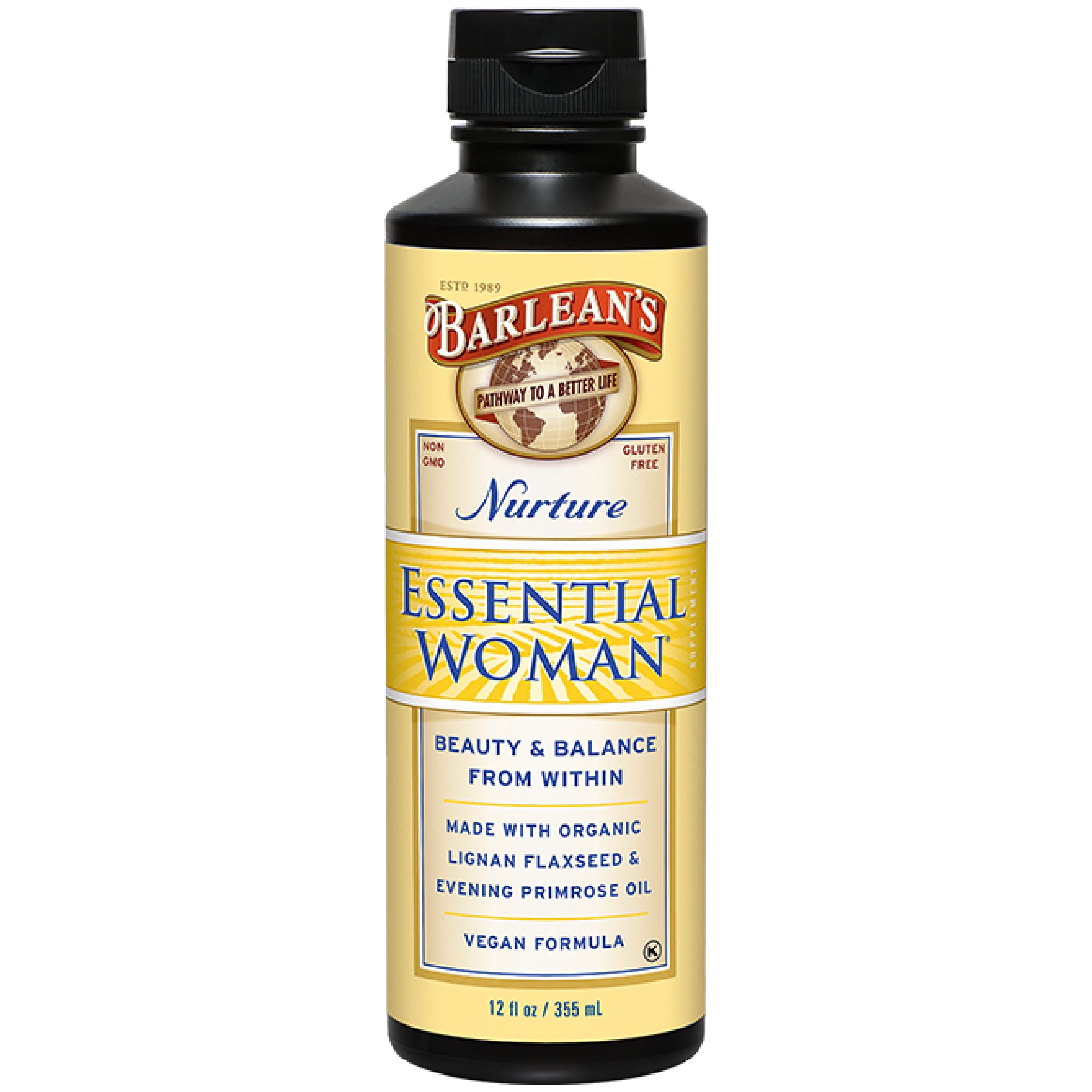 Barlean's Essential Woman liquid bottle for easy daily use and wellness