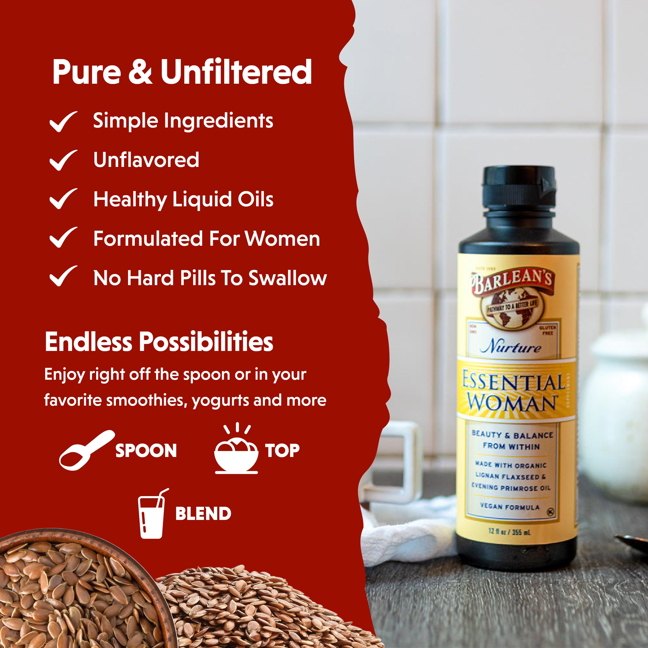 Barlean's Essential Woman liquid dietary spoon for simple mixing into foods