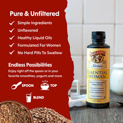 Barlean's Essential Woman liquid dietary spoon for simple mixing into foods