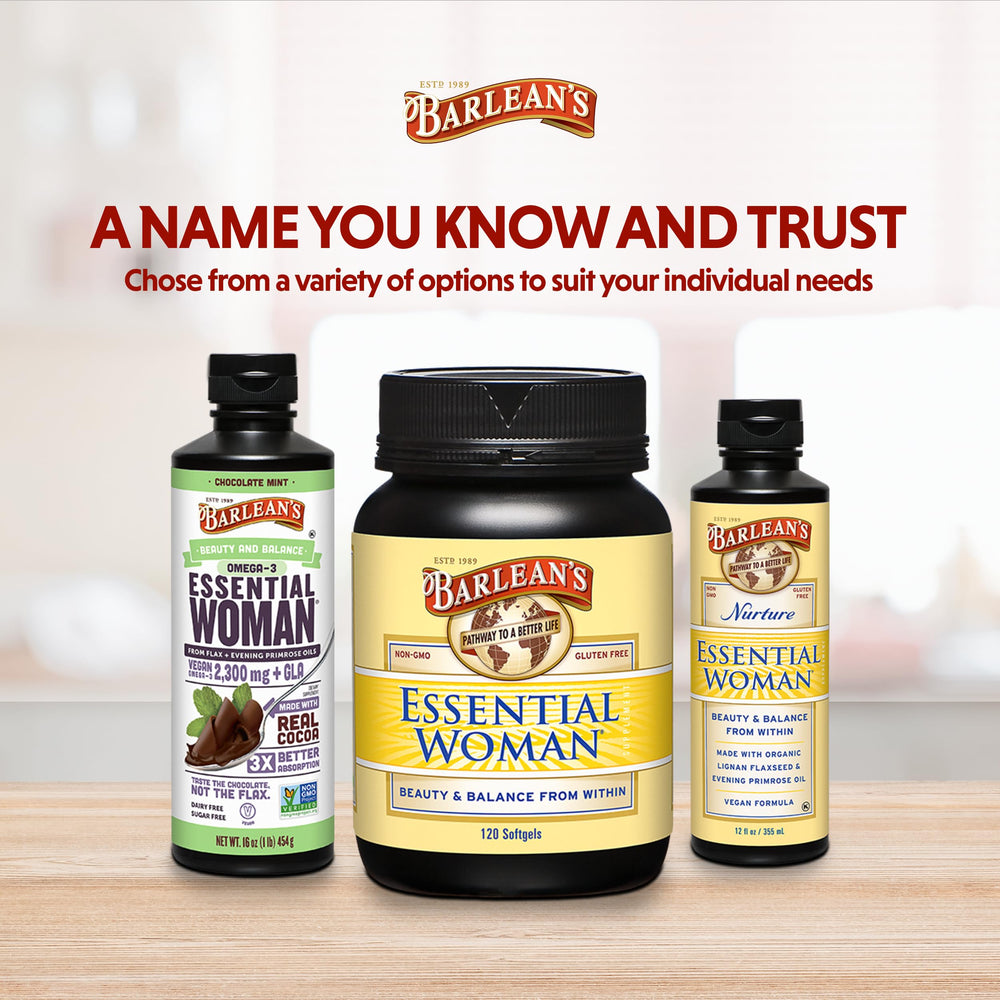 Barlean's Essential Woman liquid ingredients chart highlighting flaxseed and primrose oils