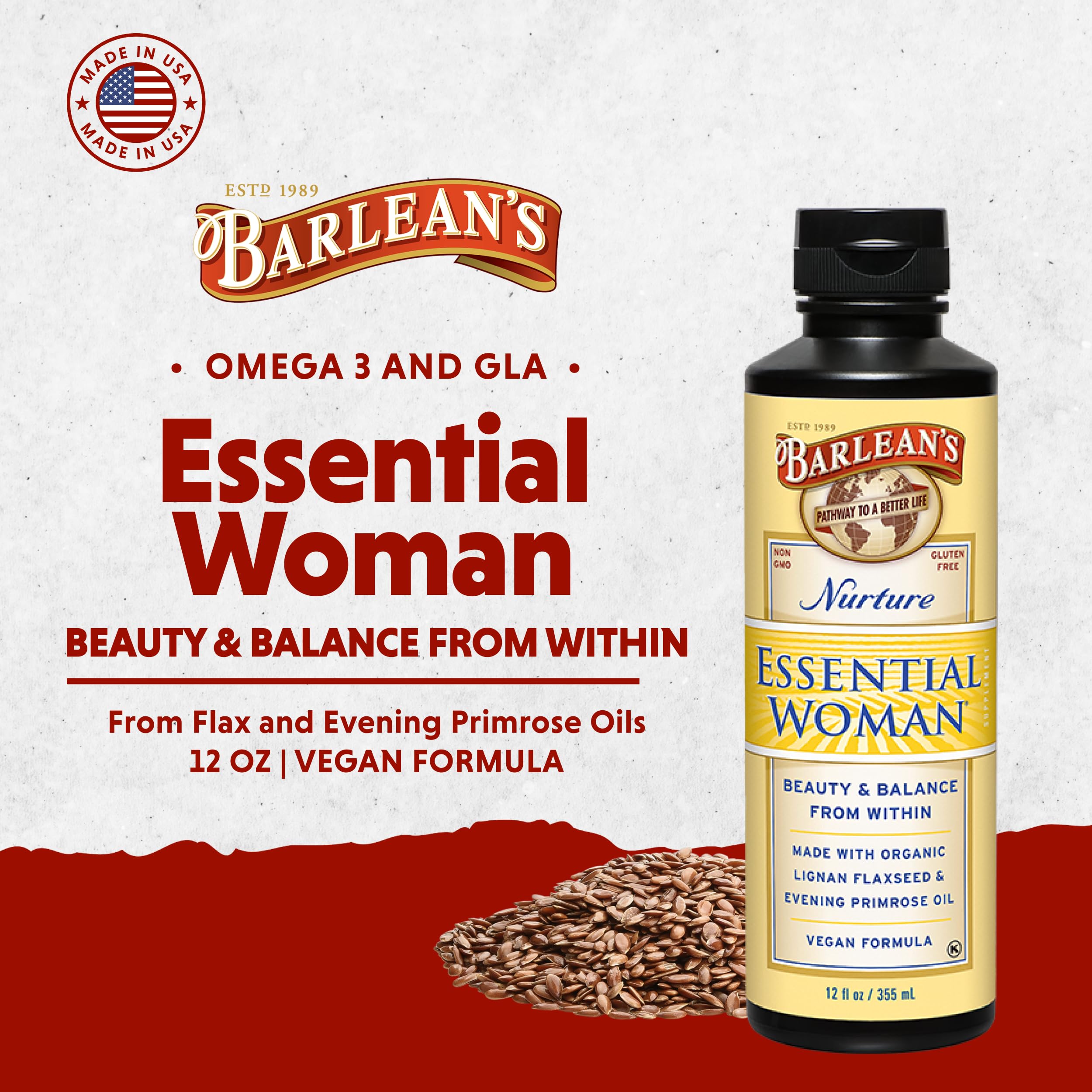 Barlean's Essential Woman liquid pour spout enabling mess-free servings