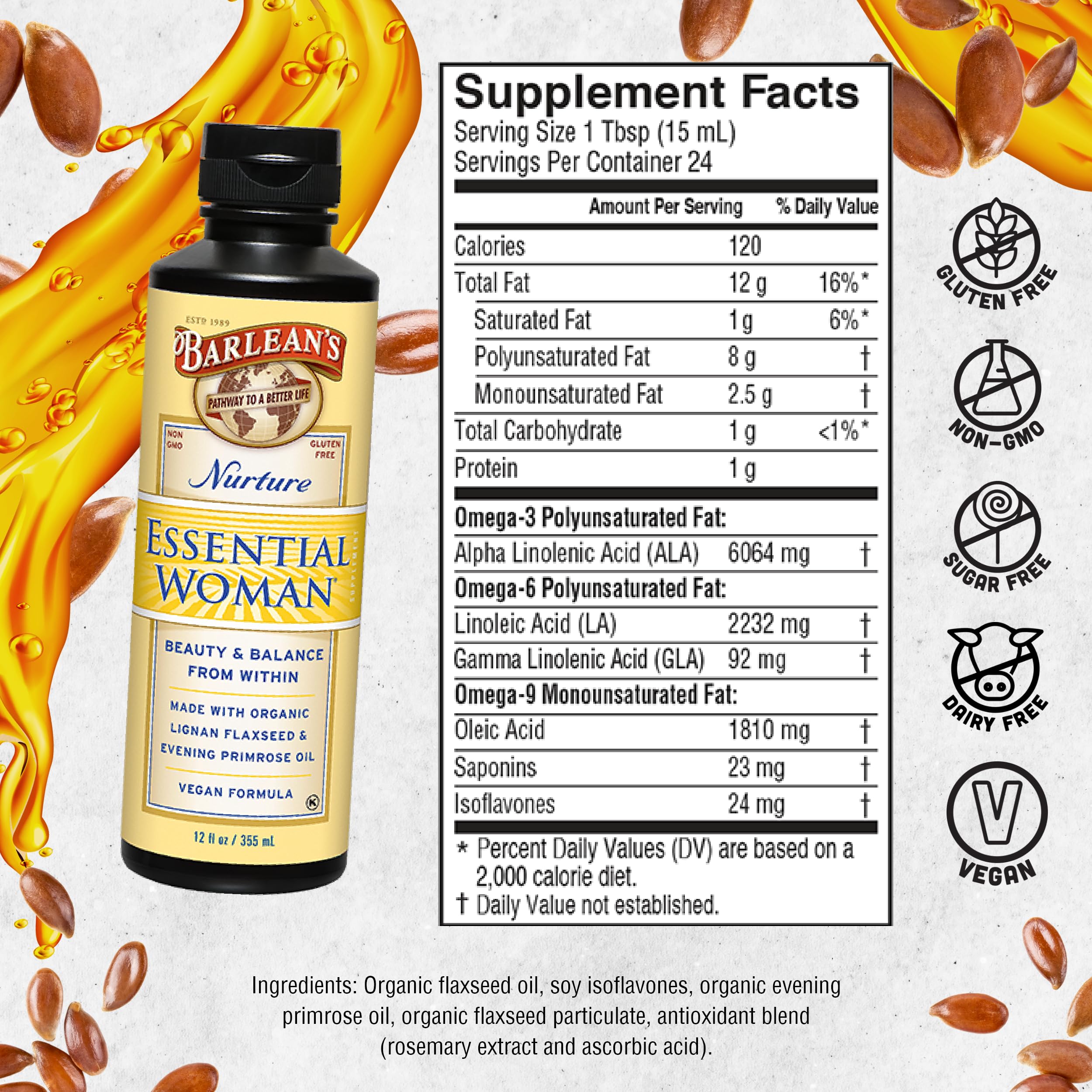 Barlean's Essential Woman liquid USA-made labeling emphasizing domestic production