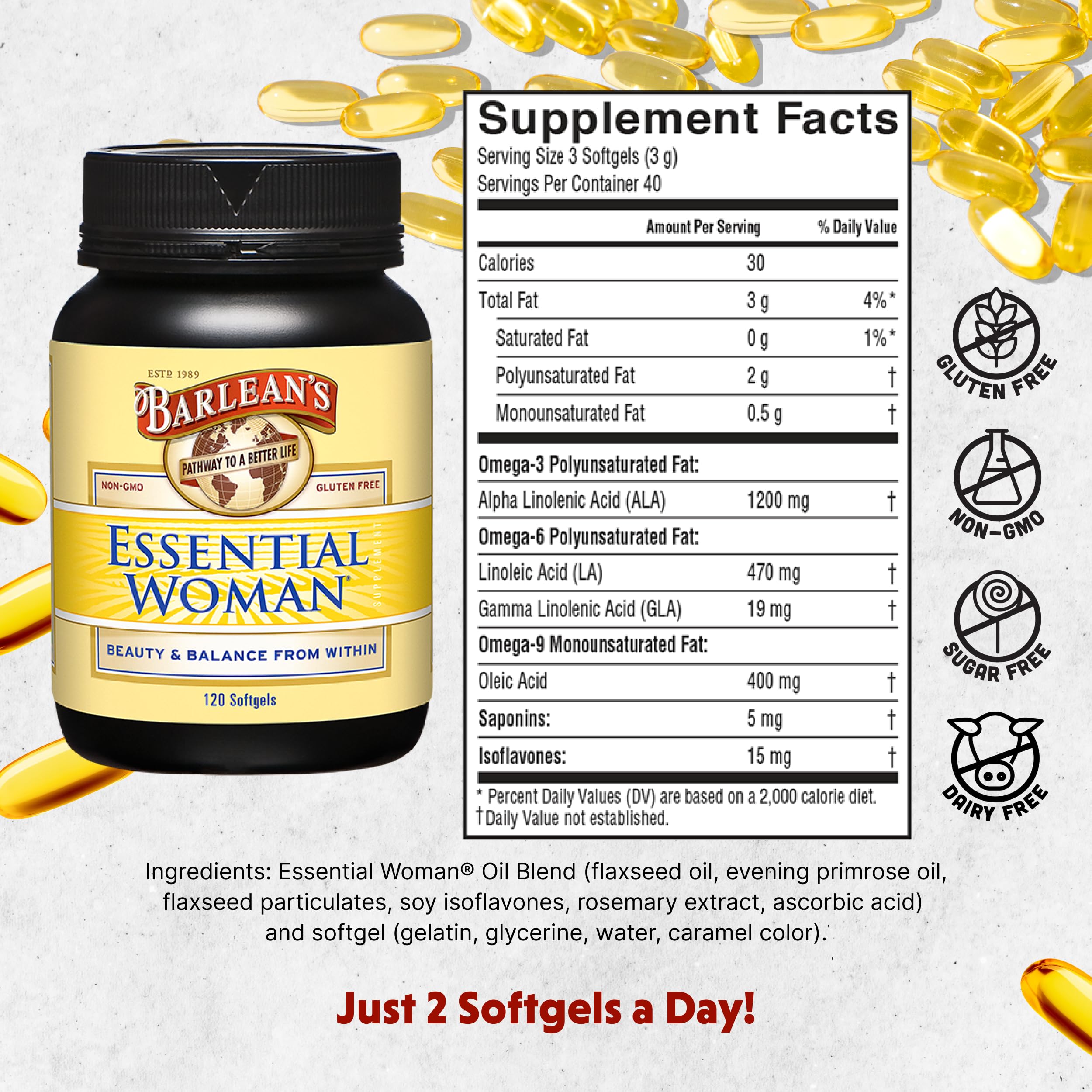 Close-up of Barlean's Essential Woman softgels showing premium omega formula
