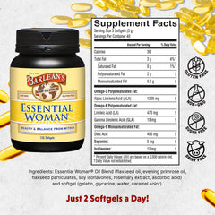 Close-up of Barlean's Essential Woman softgels showing premium omega formula