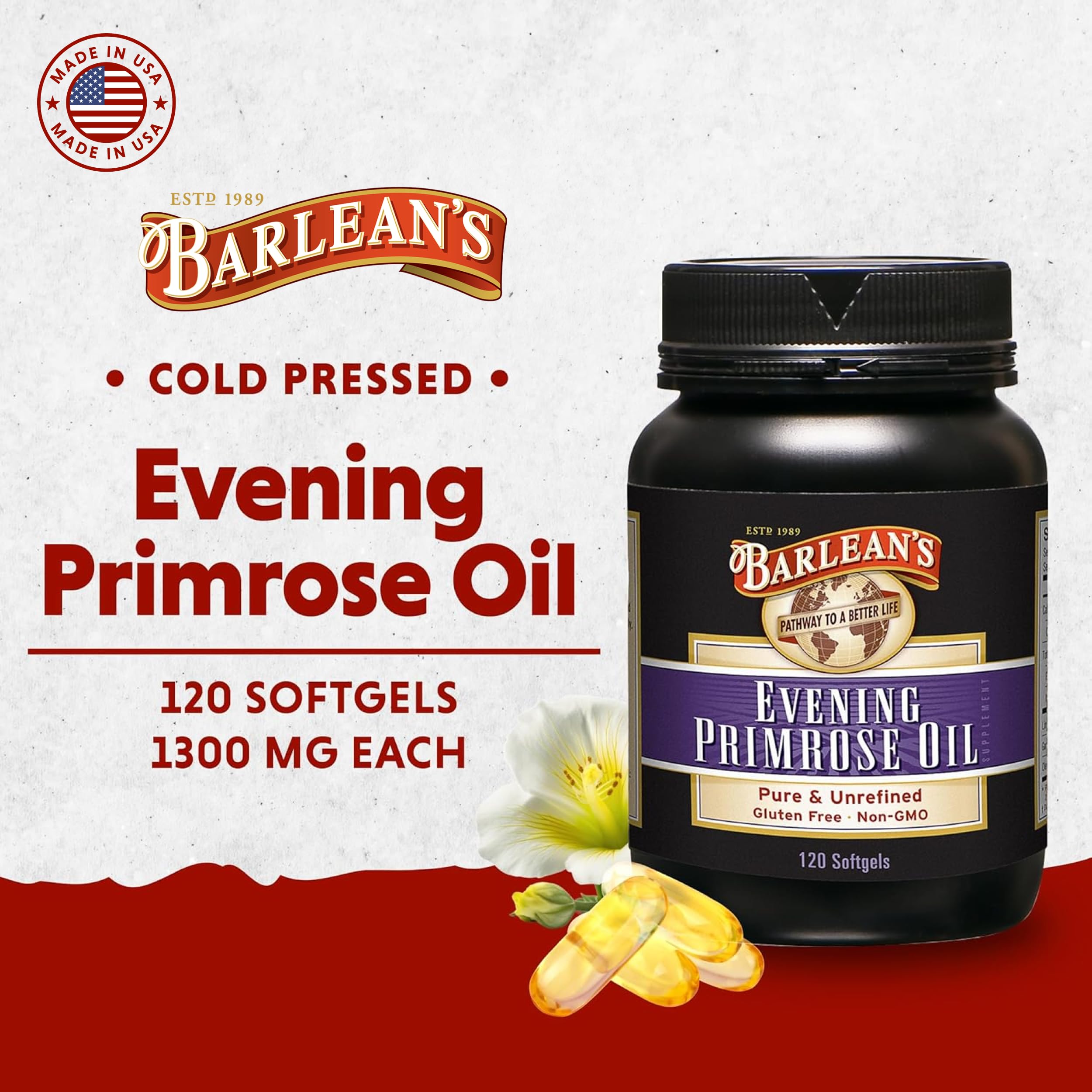 Barlean's Evening Primrose Oil capsules closeup showing softgels for potential hormonal balance