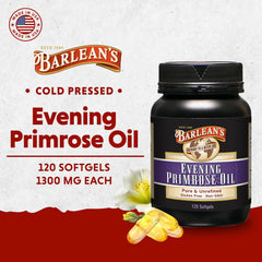Barlean's Evening Primrose Oil capsules closeup showing softgels for potential hormonal balance