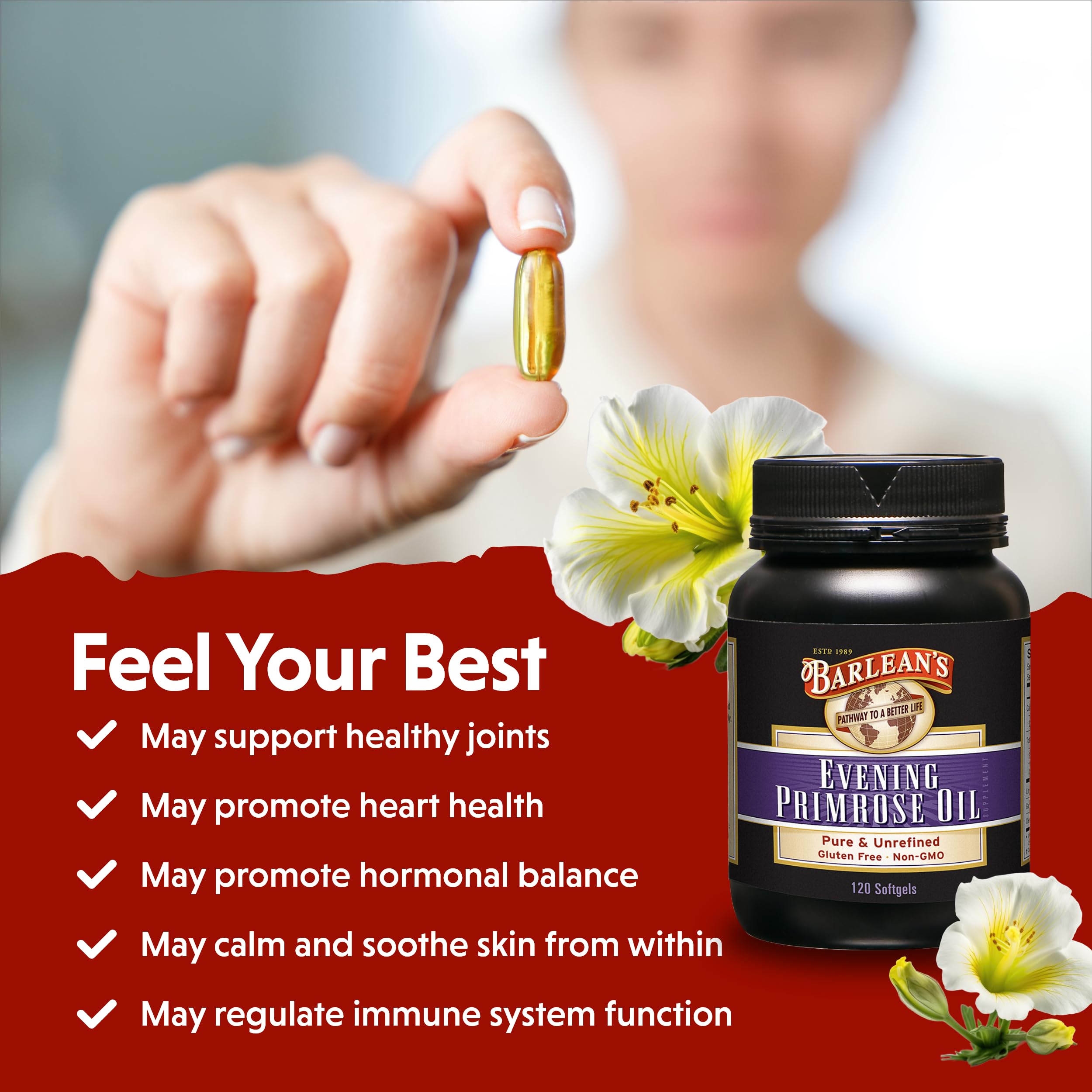 Barlean's primrose oil clean-label bottle highlights hexane-free and non-GMO ingredients