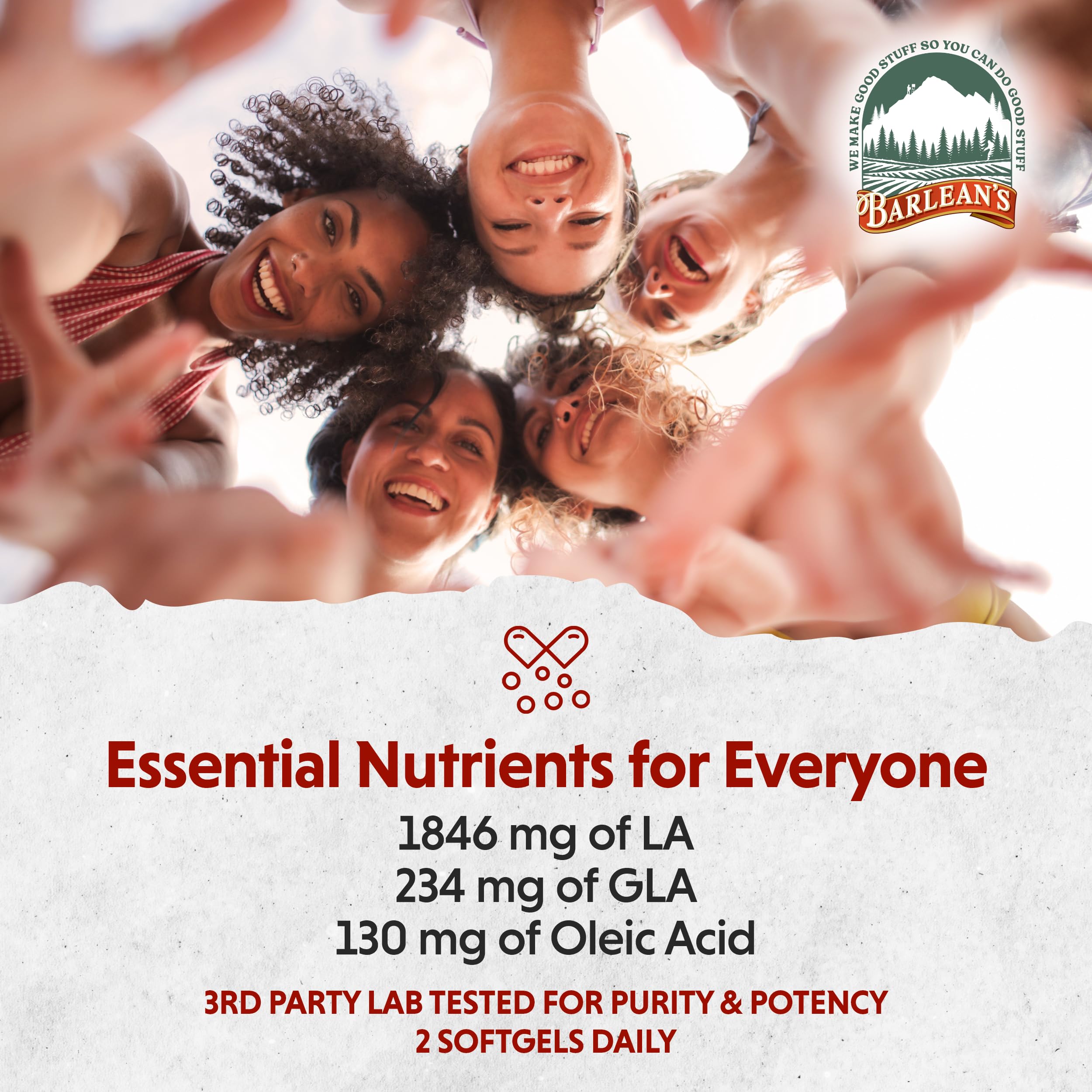 Barlean's Evening Primrose Oil facts panel showcases per-serving fatty acids