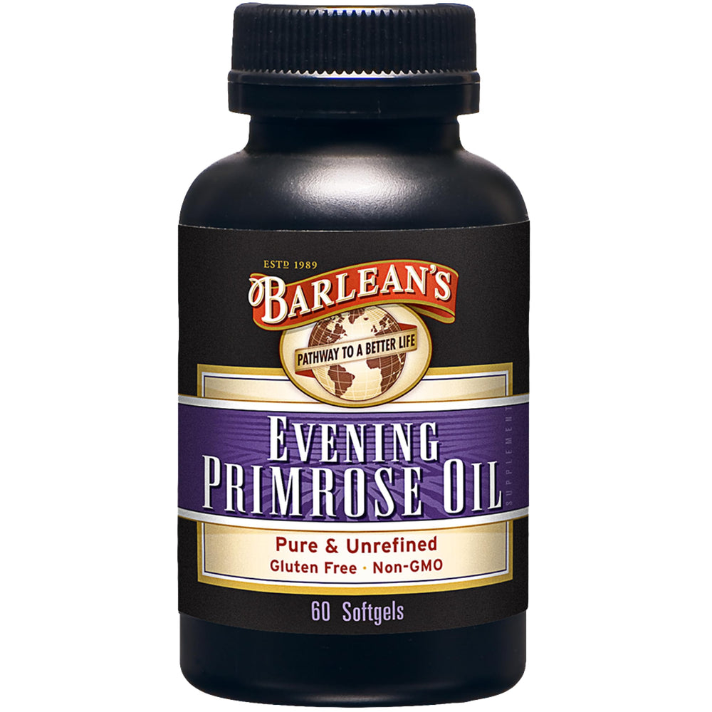 Barlean's Evening Primrose Oil softgel bottle showing GLA support for daily wellness