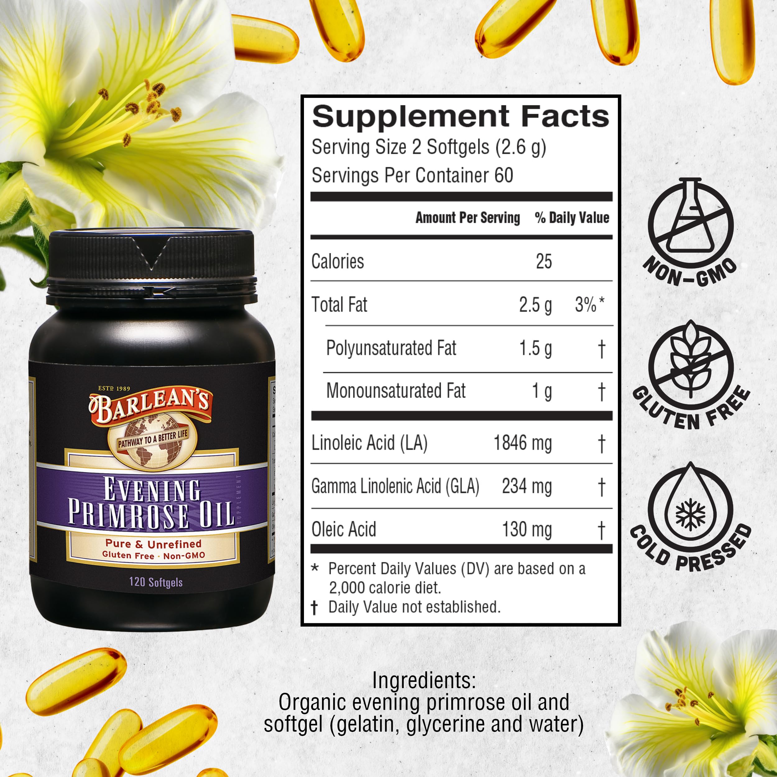Barlean's Primrose Oil softgels stored in a cool, dry place for freshness