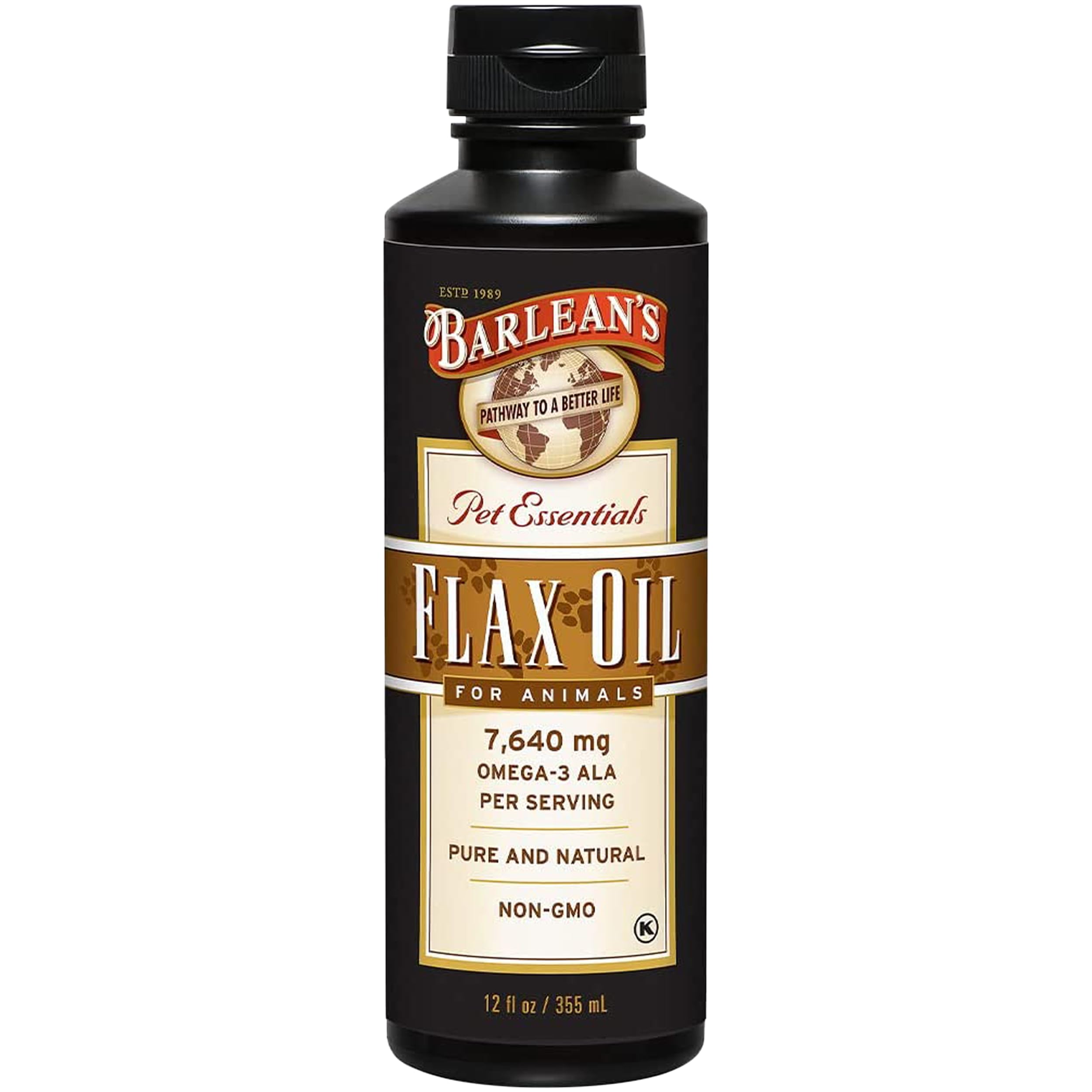 Barlean's Flaxseed Oil for Animals bottle pour shows easy dosing for pets
