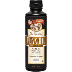 Barlean's Flaxseed Oil for Animals bottle pour shows easy dosing for pets