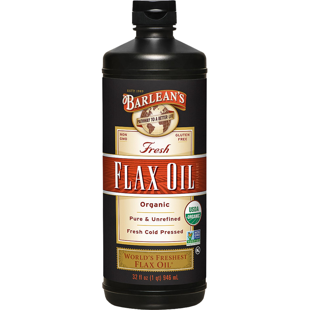 Barlean's Flaxseed Oil bottle shows cold pressed purity for vegan meals