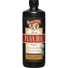 Barlean's Flaxseed Oil bottle shows cold pressed purity for vegan meals