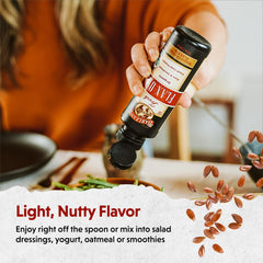 Barlean's Flaxseed Oil glass highlights mild nutty flavor suitable for dressings